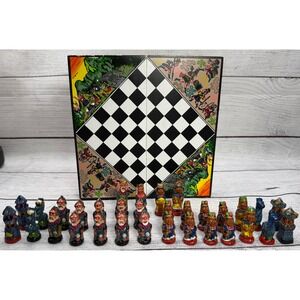 Vintage‎ Peruvian Inca vs Spanish Conquistador Chess Set Hand Painted Wood Board